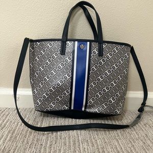 Tory Burch Coated Canvas Tote Bag - Blue, Grey, and White Chain Link Print